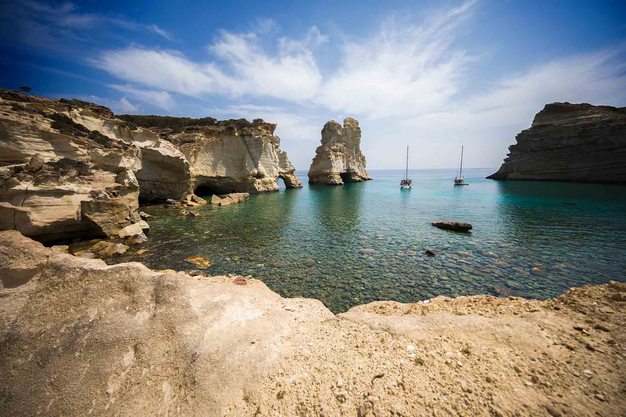 The famous cove of Kleftiko is an old, pirates' hideout on the southwest tip of Milos island. It can be reached by boat, or if your an athletic hiker and as adventurous as us, by foot. © ULLI MAIER & NISA MAIER